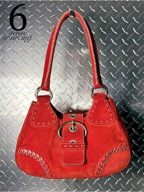 Prada Vintage Suede Wipstitch Buckle Shoulder Bag in Red
